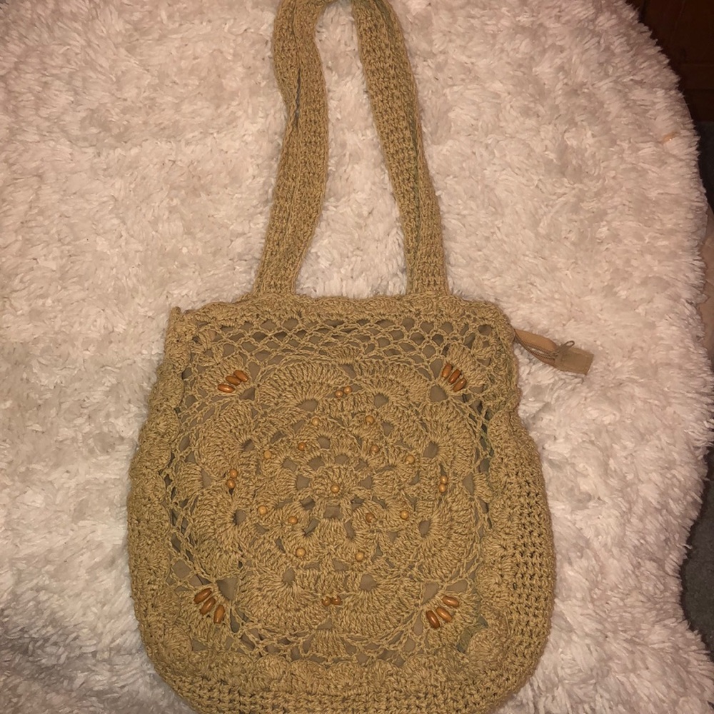 Vintage crochet and wooden bead lined tote bag
